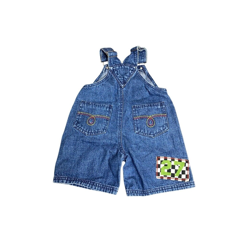 Vintage Race Car Toddler Size 18m Denim Short Overalls Shortalls Speedway Racing - Picture 2 of 2